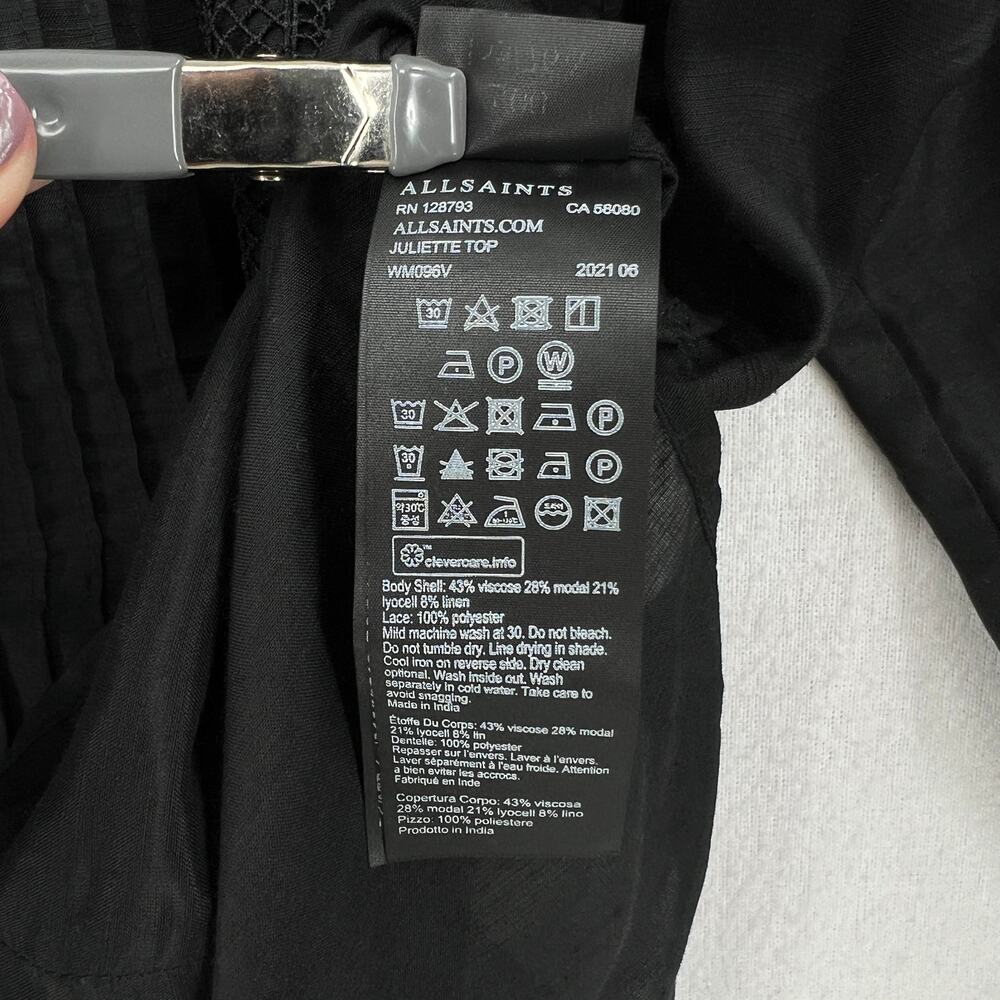ALLSAINTS Juliette Pintuck Ruffle Top Womens 00 Black Square Neck Balloon Sleeve - Picture 11 of 13